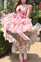 Robe sans manches à imprimé rose multi-couleurs Sweet Lolita sans bretelles